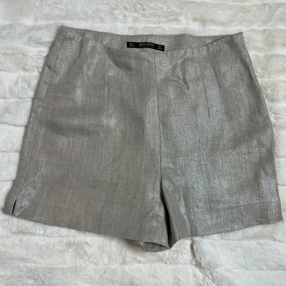 Zara Pants - Zara Beige Metallic Linen Look Twill High Waist Shorts Sz S